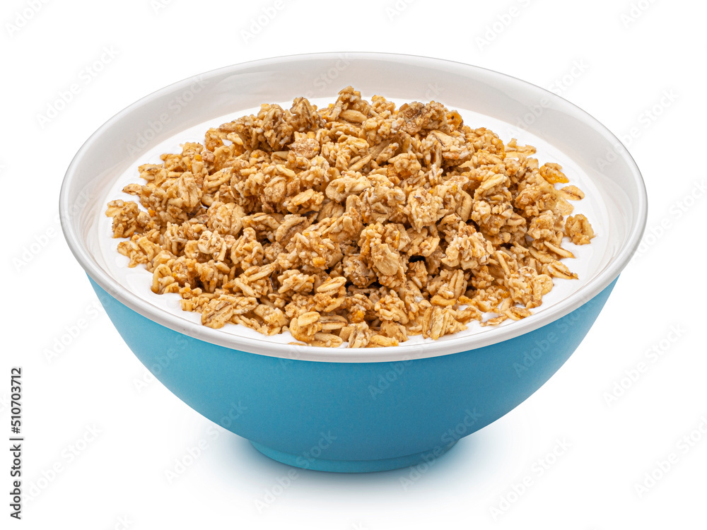 Oat granola with milk isolated on white background