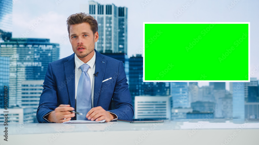 Newsroom TV Studio Live News Program: Caucasian Male Presenter Reporting, Green Screen Chroma Key Sc