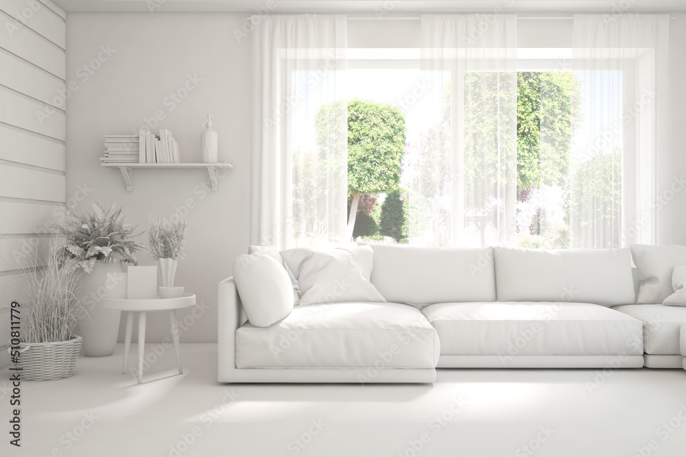 Mock up of stylish room in white color with sofa and green landscape in window. Scandinavian interio