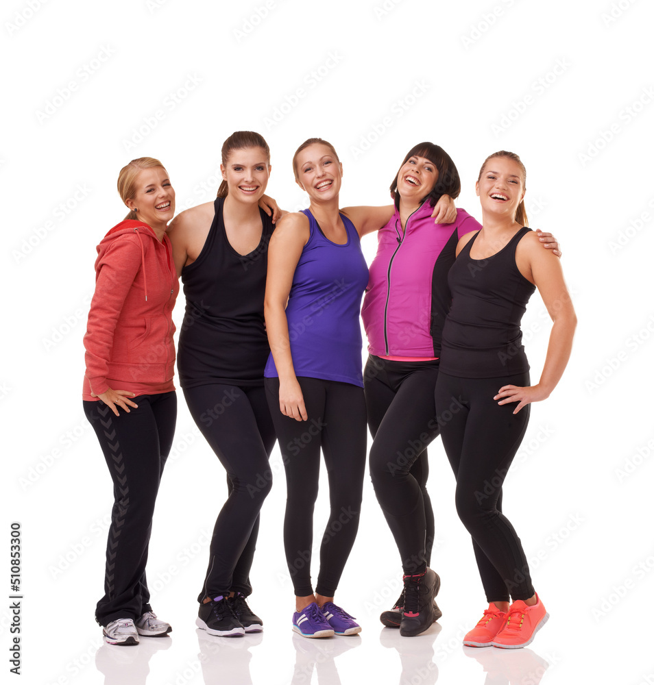 Committed to fitness. A group of excited women of different body shapes standing isolated on white w