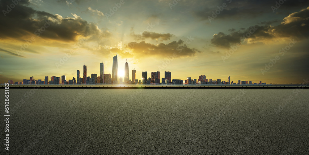 3D render empty asphalt road with city background