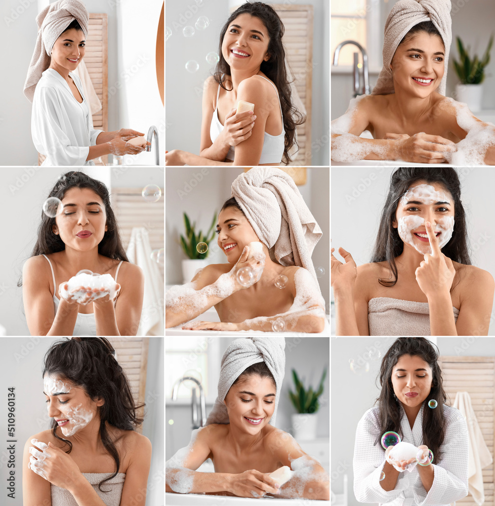 Collage with pretty young woman taking bath and using soap