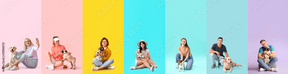 Set of people with cute dogs on colorful background. Friendship Day