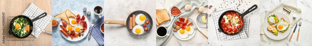 Set of nutrient breakfasts with eggs, top view