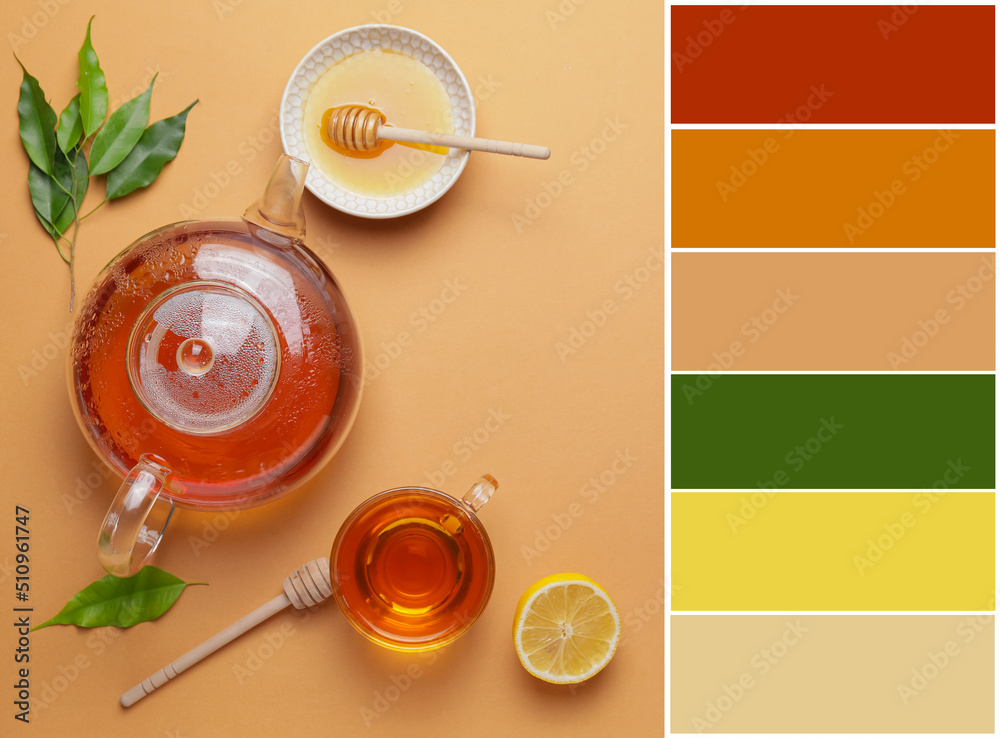 Composition with tea and honey on beige background. Different color patterns