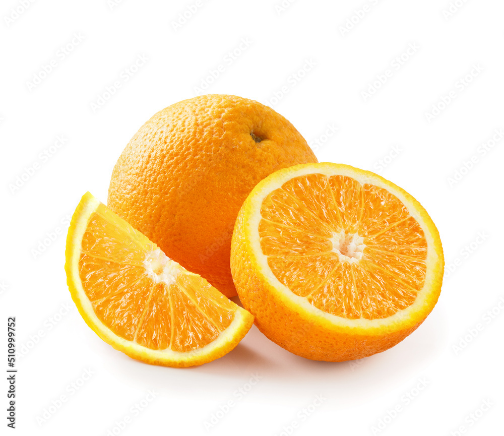 Orange fruit with half of orange and orange slice isolated on white background.