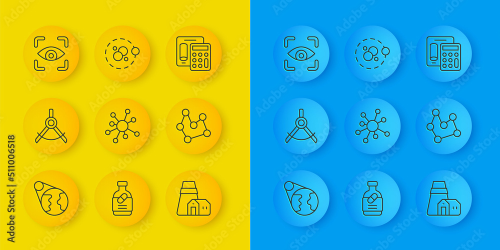 Set line Earth globe, Drawing compass, Molecule, Power station plant, Chemical formula, Eye scan, Ca