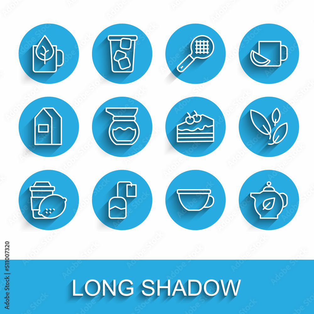 Set line Cup of tea with lemon, Tea bag, leaf, Teapot, and Piece cake icon. Vector