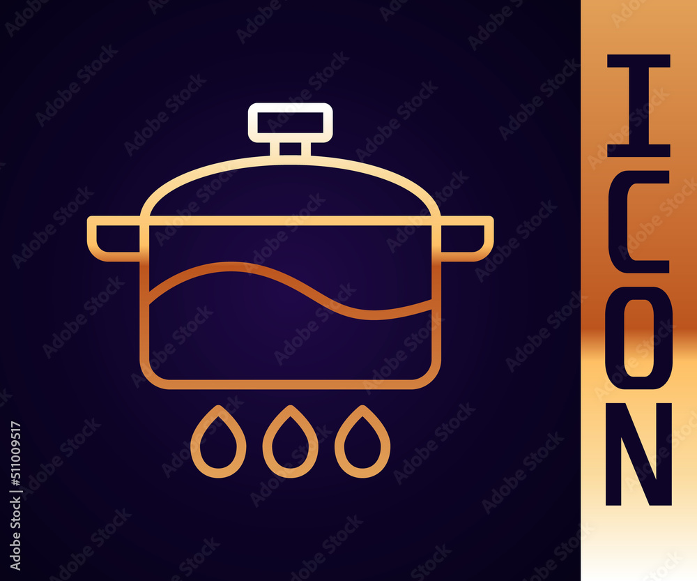 Gold line Cooking pot icon isolated on black background. Boil or stew food symbol. Vector