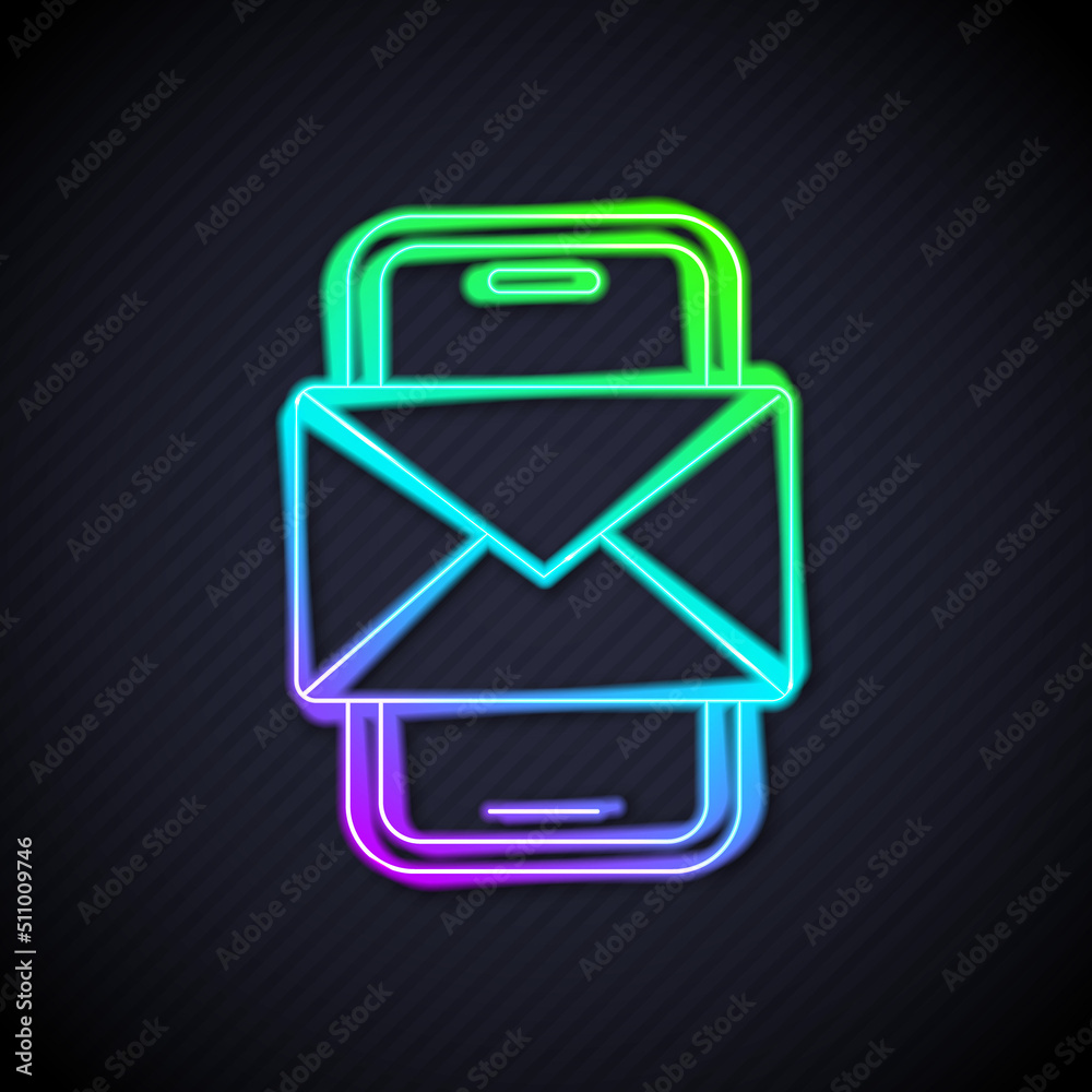 Glowing neon line Mobile and envelope, new message, mail icon isolated on black background. Usage fo