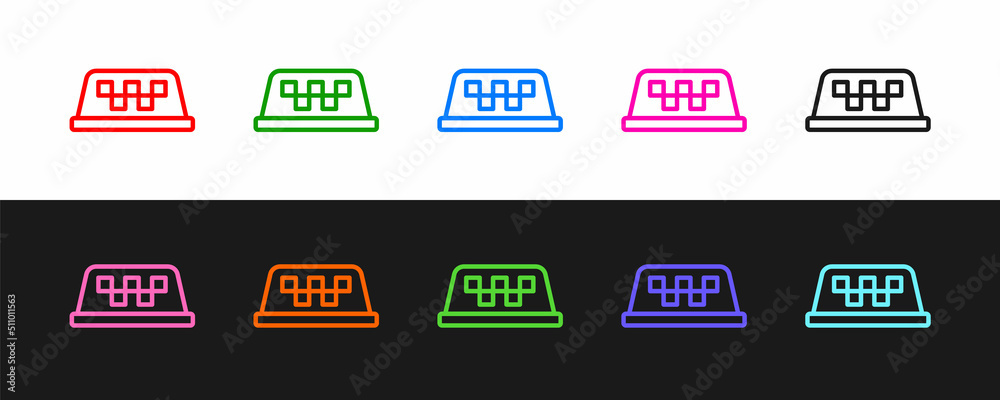 Set line Taxi car roof icon isolated on black and white background. Vector