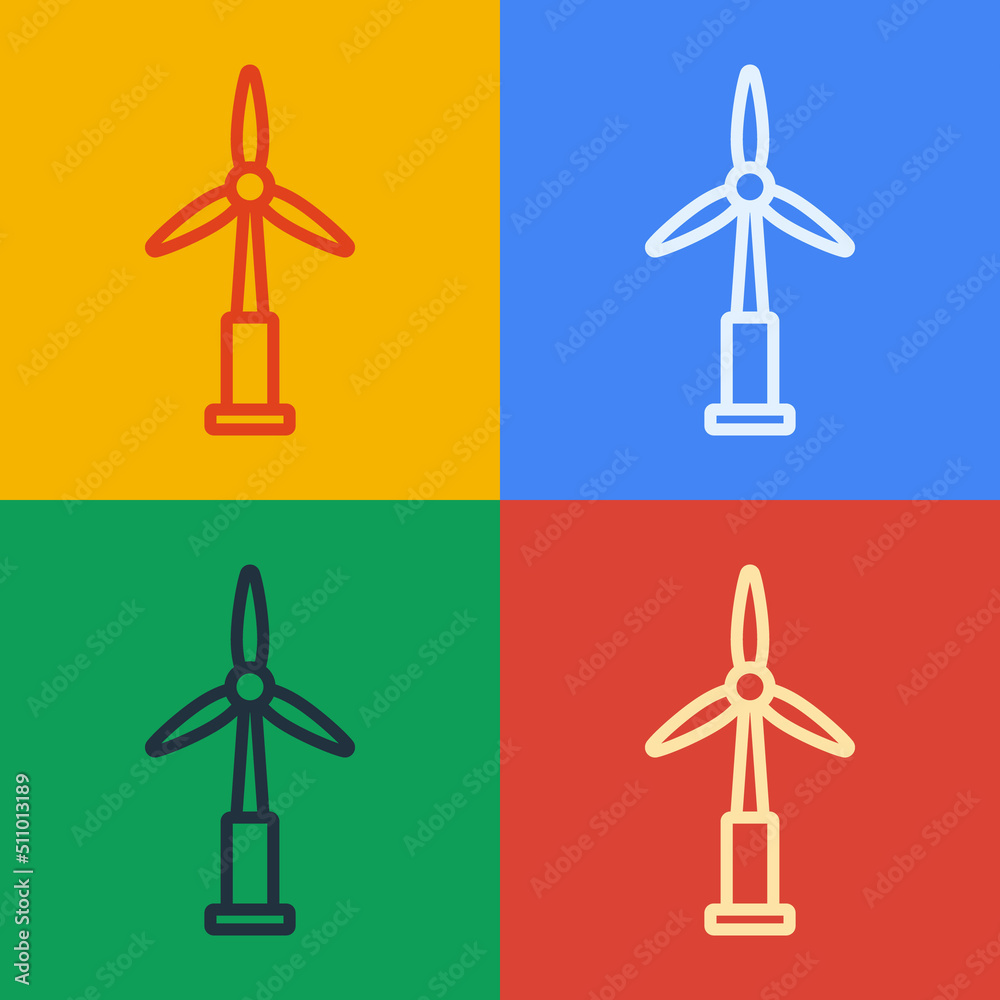 Pop art line Wind turbine icon isolated on color background. Wind generator sign. Windmill for elect