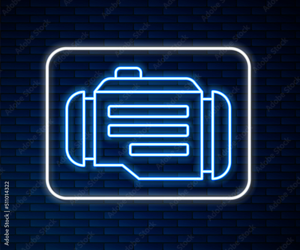 Glowing neon line Check engine icon isolated on brick wall background. Vector