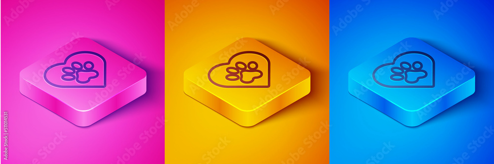 Isometric line Heart with animals footprint icon isolated on pink and orange, blue background. Pet p