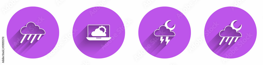 Set Cloud with rain, Weather forecast, Storm and and moon icon with long shadow. Vector