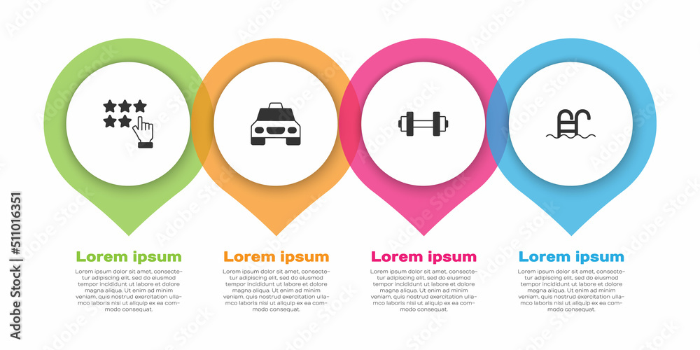 Set Stars rating, Taxi car, Dumbbell and Swimming pool. Business infographic template. Vector