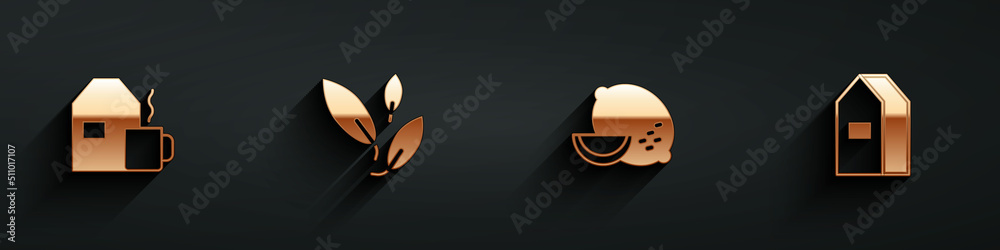 Set Cup of tea with milk, Tea leaf, Lemon and Paper package for icon with long shadow. Vector