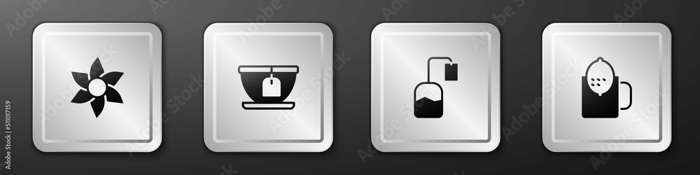 Set Flower, Cup with tea bag, Tea and of lemon icon. Silver square button. Vector