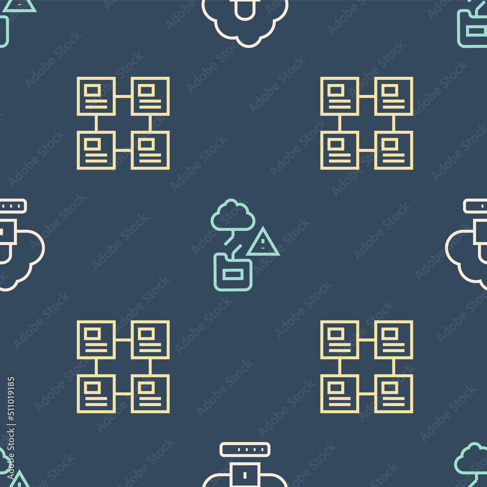 Set line Cloud computing lock, Hierarchy organogram chart and technology data transfer on seamless p