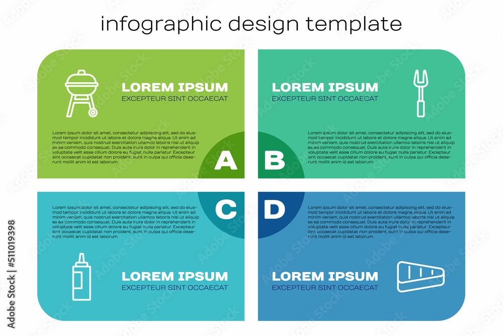 Set line Sauce bottle, Barbecue grill, Steak meat and fork. Business infographic template. Vector
