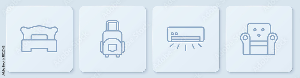 Set line Bedroom, Air conditioner, Suitcase and Armchair. White square button. Vector