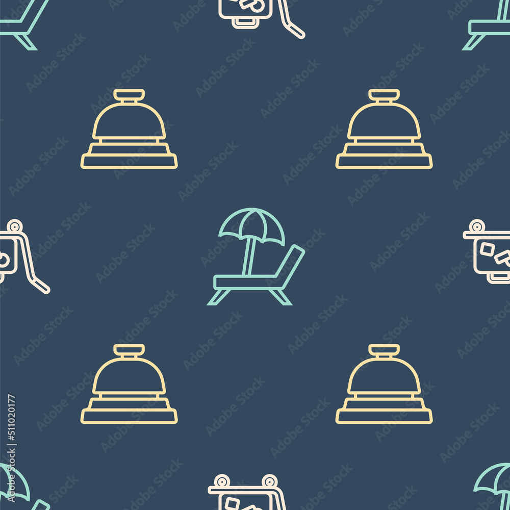 Set line Trolley suitcase, Hotel service bell and Sunbed with umbrella on seamless pattern. Vector