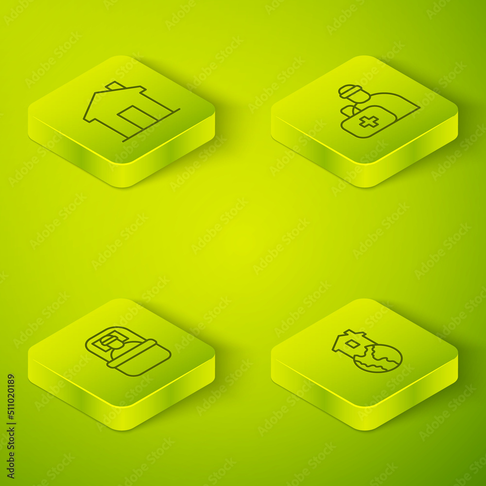 Set Isometric line First aid kit, Sleeping bag, Shelter for homeless and Real estate icon. Vector