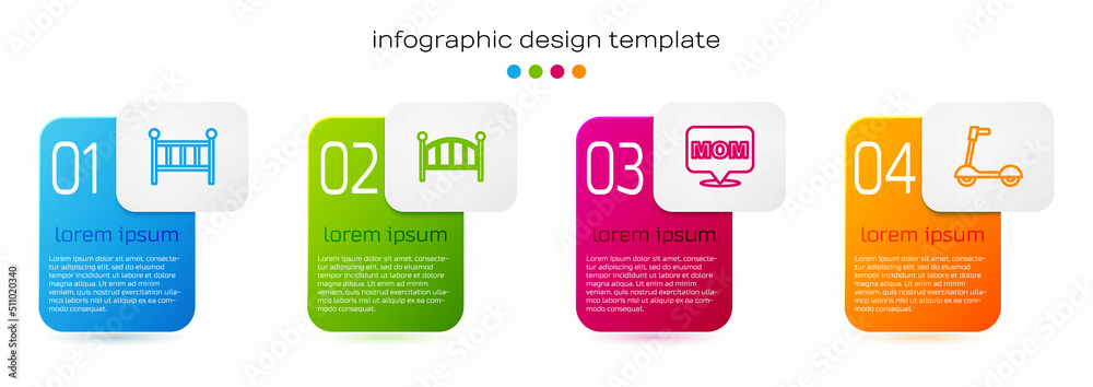 Set line Baby crib cradle bed, Speech bubble mom and Roller scooter. Business infographic template. 