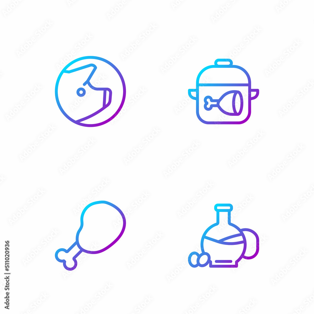 Set line Bottle of olive oil, Chicken leg, Pig and Cooking pot and chicken. Gradient color icons. Ve