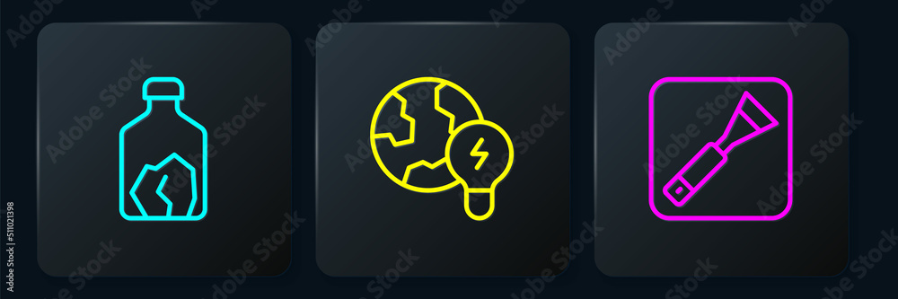 Set line Ore mining, Paint brush and Global planet with bulb. Black square button. Vector