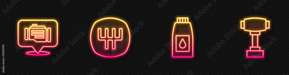 Set line Canister for motor machine oil, Check engine, Gear shifter and . Glowing neon icon. Vector