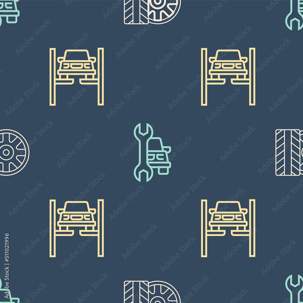 Set line Car tire wheel, Repair car on lift and service on seamless pattern. Vector