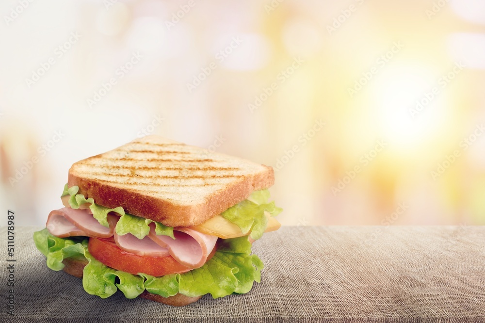 sandwich with ham, cucumber and cheese, food concept