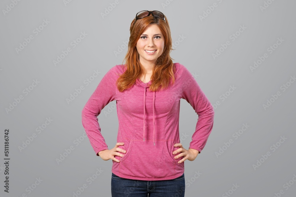 Young smiling happy cheerful employee business corporate lawyer woman posing