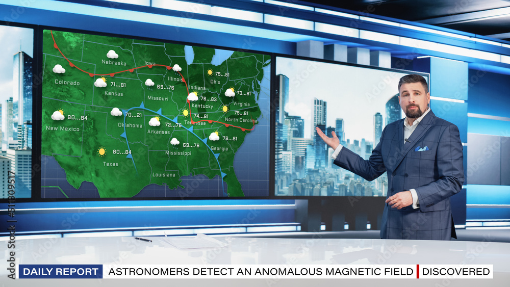 电视天气预报节目：专业电视主持人在Studi新闻室回顾天气报告