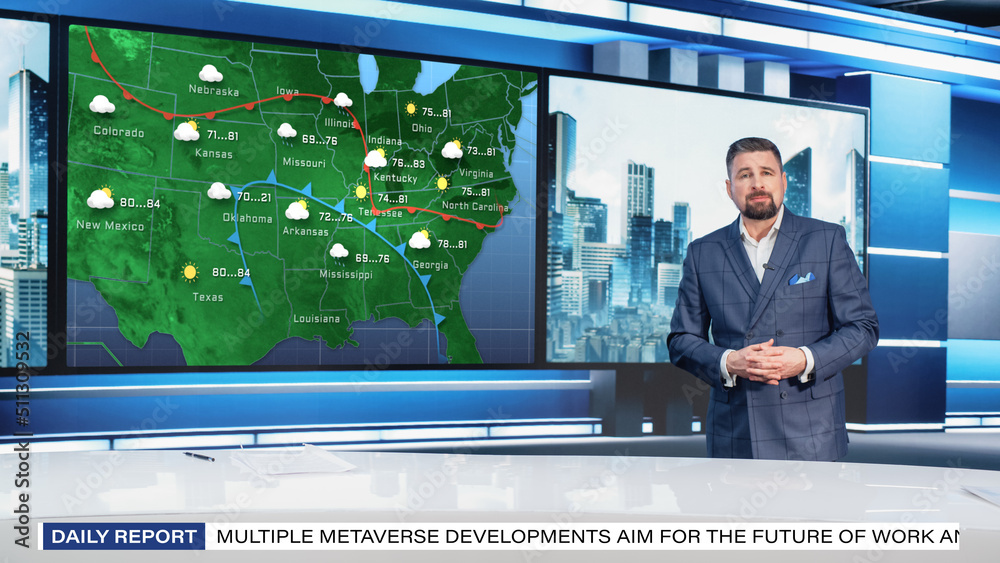 TV Weather Forecast Program: Professional Television Host Reviewing Weather Report in Newsroom Studi