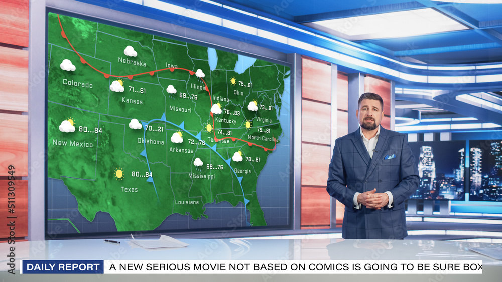 电视天气预报节目：专业电视主持人在Studi新闻室回顾天气报告