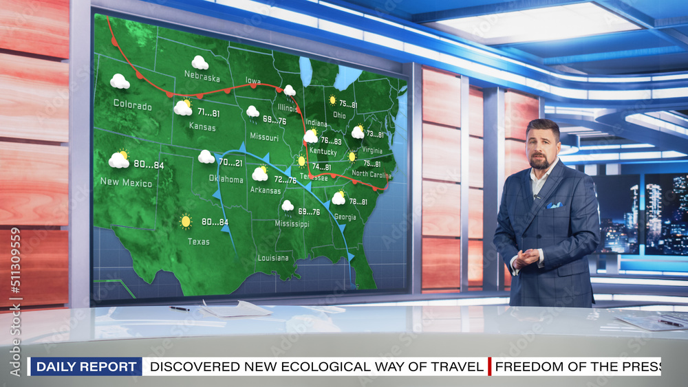 TV Weather Forecast Program: Professional Television Host Reviewing Weather Report in Newsroom Studi