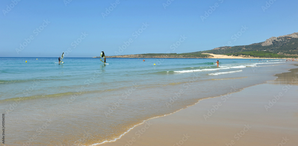 Initiation to windsurfing on the beach of Bolonia, one of the virgin beaches of the Costa de Tarifa 