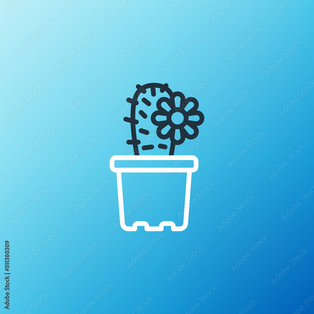 Line Cactus peyote in pot icon isolated on blue background. Plant growing in a pot. Potted plant sig