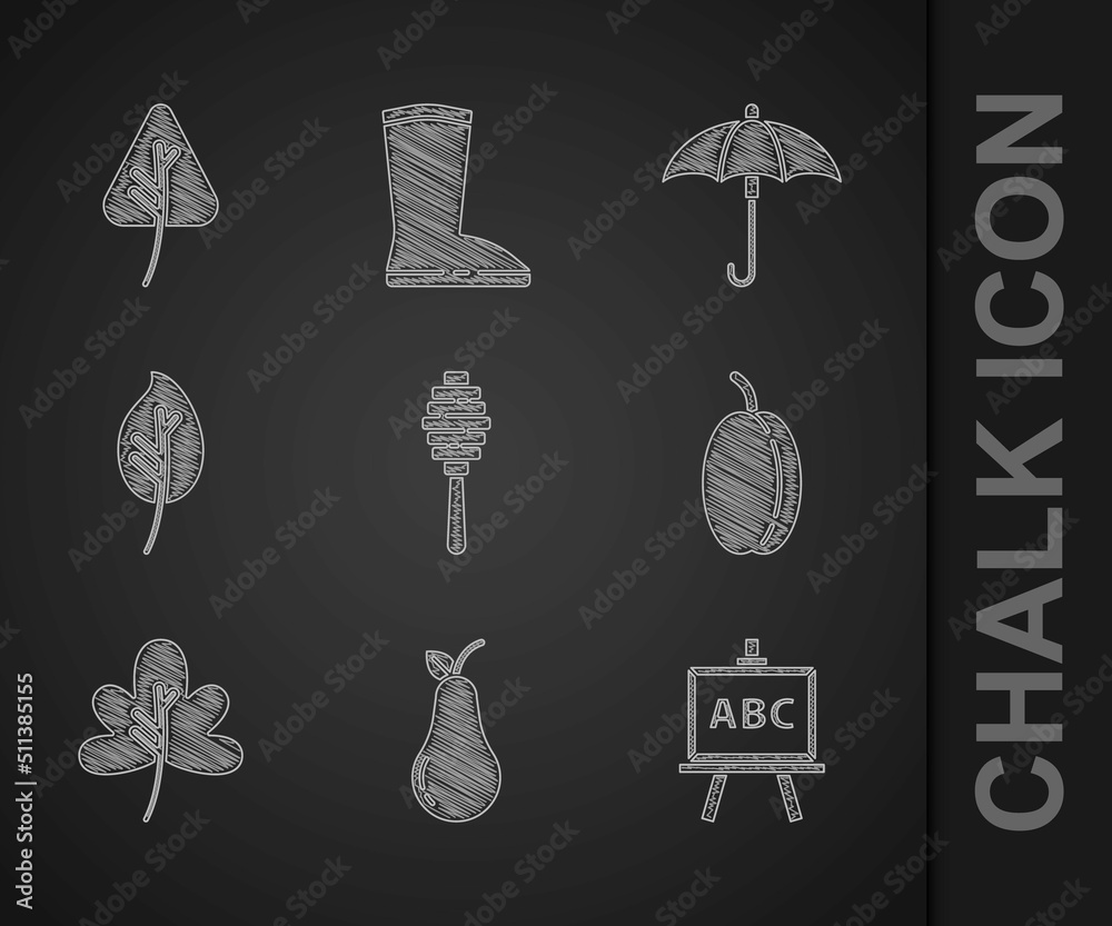 Set Honey dipper stick, Pear, Chalkboard, Plum fruit, Leaf or leaves, Umbrella and icon. Vector