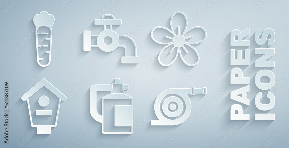 Set Garden sprayer for fertilizer, Flower, Bird house, hose, Water tap and Carrot icon. Vector