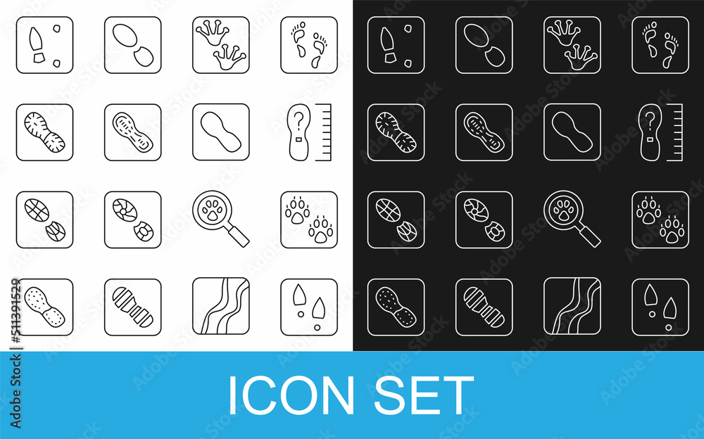设定线人类足迹鞋、爪、方形尺寸、青蛙爪和图标。矢量