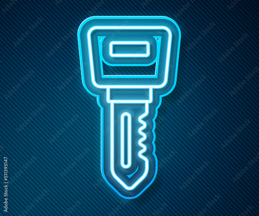 Glowing neon line Hotel door lock key icon isolated on blue background. Vector