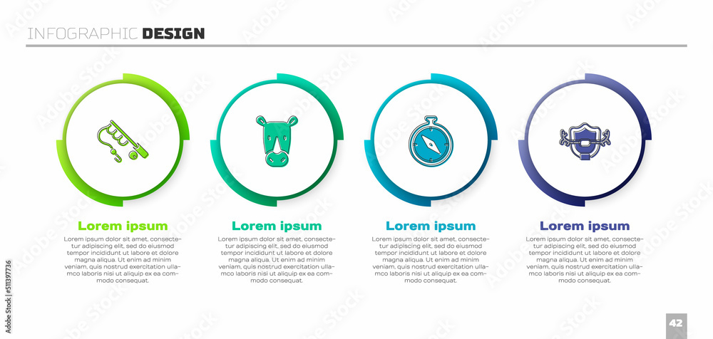将鱼竿、犀牛、指南针和鹿角放在盾牌上。商业信息图模板。Vect
