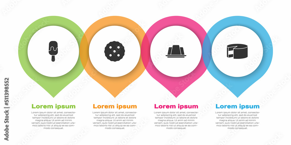 设置冰淇淋、饼干或饼干、果冻蛋糕和蛋糕。商业信息图模板。矢量