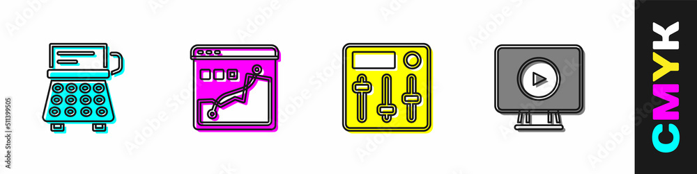 Set Retro typewriter, Histogram graph photography, Sound mixer controller and Online play video icon