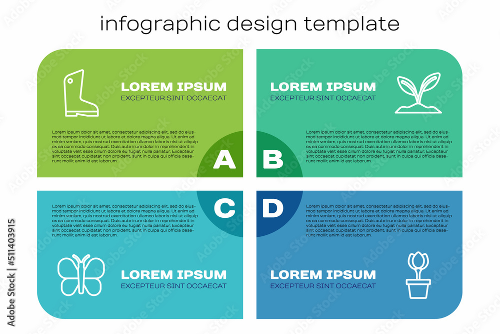 套装蝴蝶、橡胶手套、花盆中的郁金香和萌芽。商业信息图模板。Ve