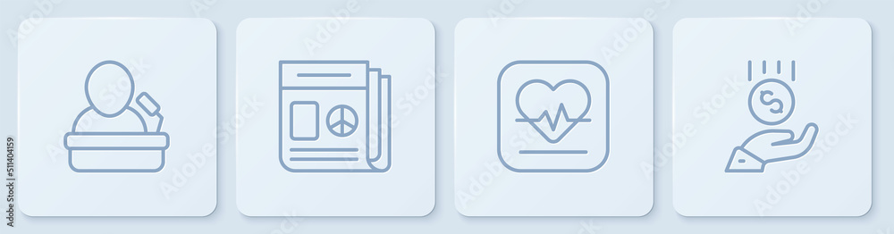 Set line Speaker, Heart rate, News and Coins on hand - minimal wage. White square button. Vector