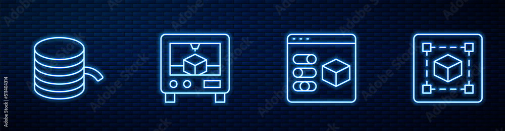 Set line 3D printer, Filament for, and Geometric figure Cube. Glowing neon icon on brick wall. Vecto